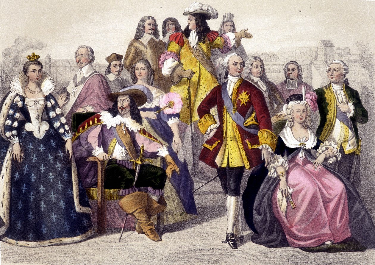 1610 to 1774. Marie de Medici, Louis XIII, Louis XV, Marie Antoinette and Louis XVI. Engraving of the 19th century by Unknown artist