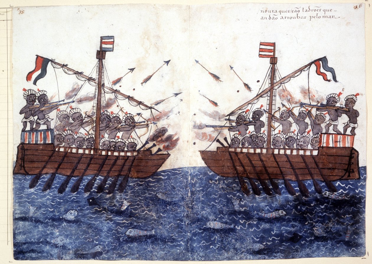 16th Century Engraving Depicting the Encounter with a Pirate Ship in the Indian Ocean. Rome Biblioteca Casantense by Unknown artist