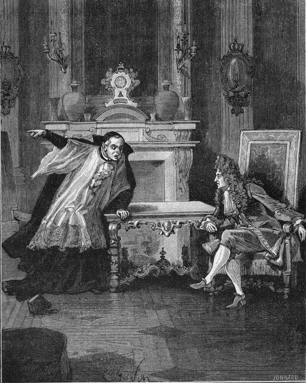 1715: the King of France Louis XIV (1638-1715) hearing the words of Father Michel Le Tellier (1643-1719), his Jesuit confessor. Engraving of the 19th century. In 
