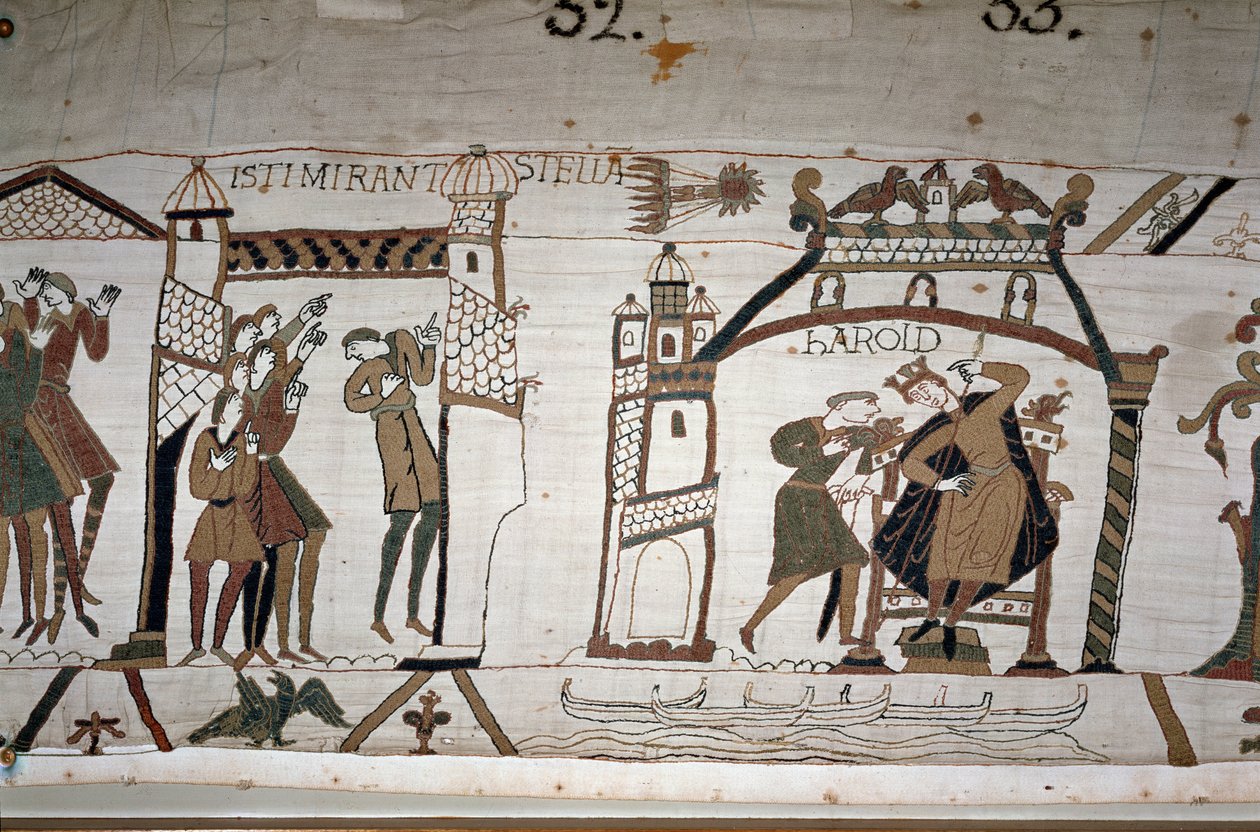 The appearance of the comet; A messenger warns King Harold II (1022 - 1066) - Bayeux tapestry, known as Embroidery of Queen Mathilde by Unknown artist