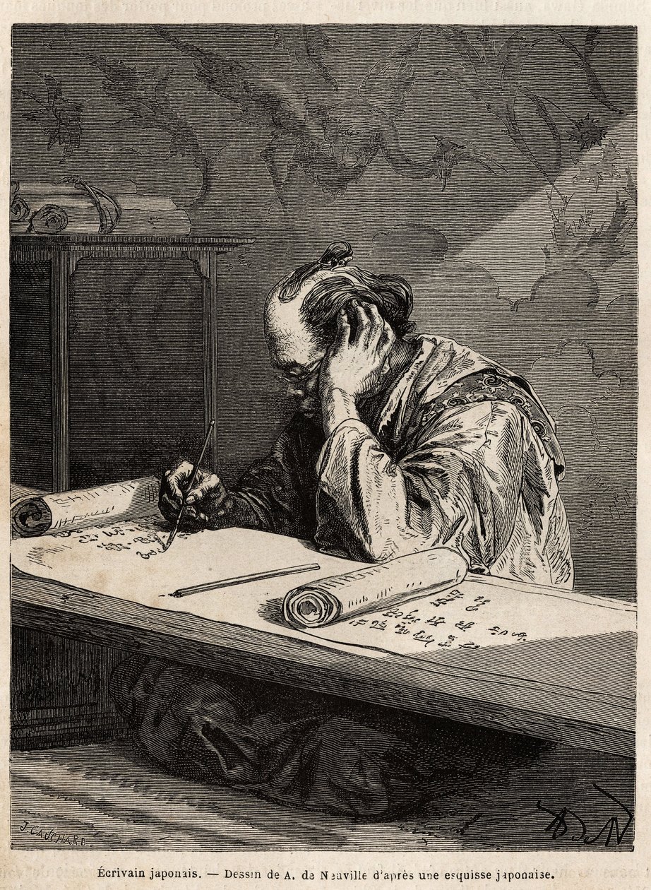 A Japanese writer at his work table, editing a text on a long roll that he rolls or unrolls according to the progress of his task. Engraving to illustrate the voyage to Japan, in 1863-1864, by Aime Humbert, minister of the Swiss Confederation, in Le tour by Unknown artist