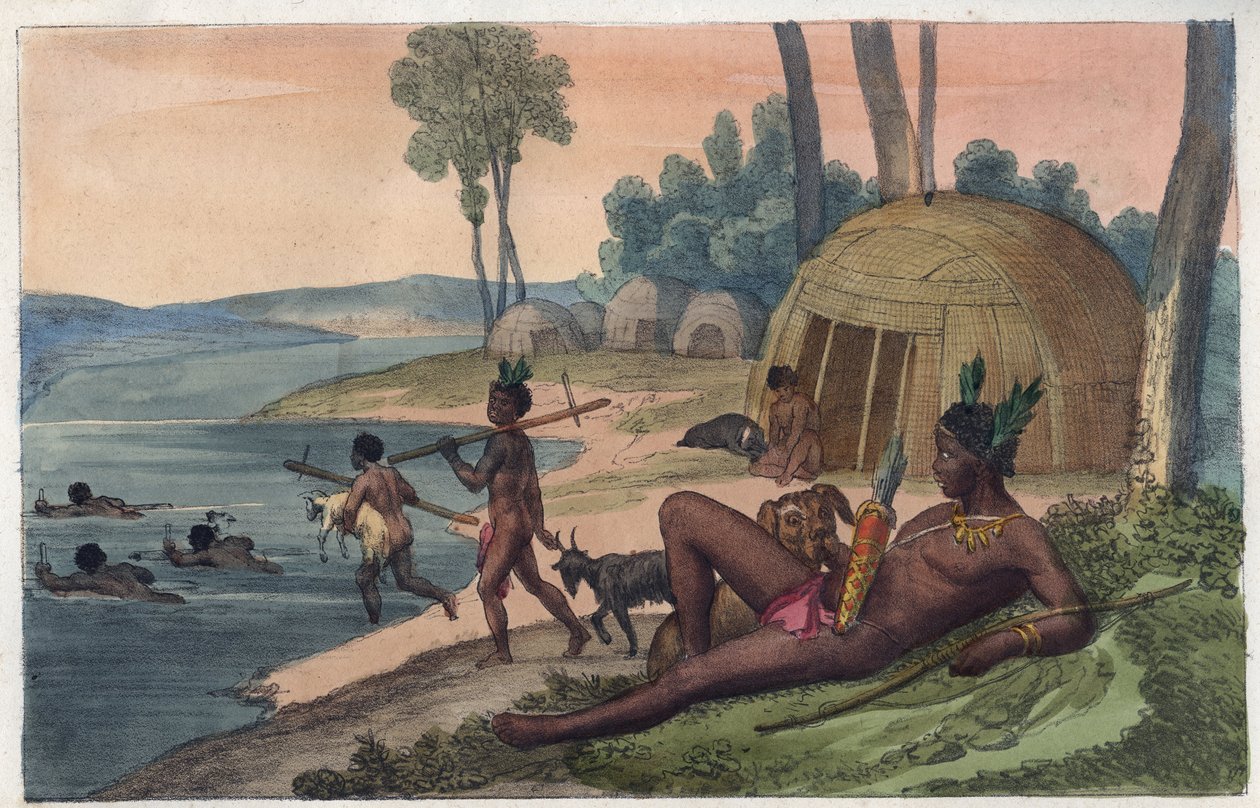 A Korah Hottentot Village on the Left Bank of the Orange River - Engraving from 
