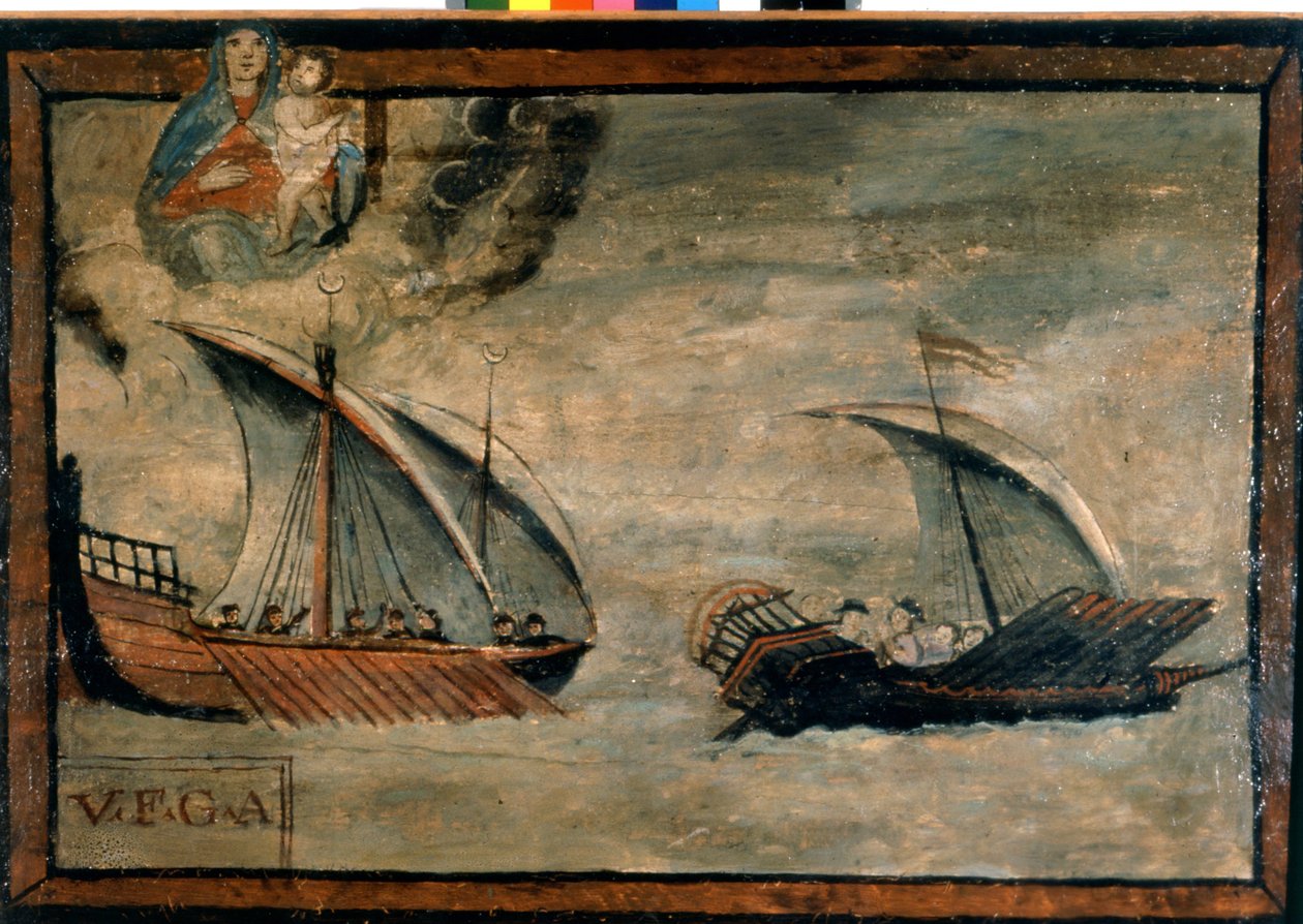 A Turkish galley pursues a galley from the Kingdom of Naples. Ex-voto of the 17th century. Church of the Madonna dell