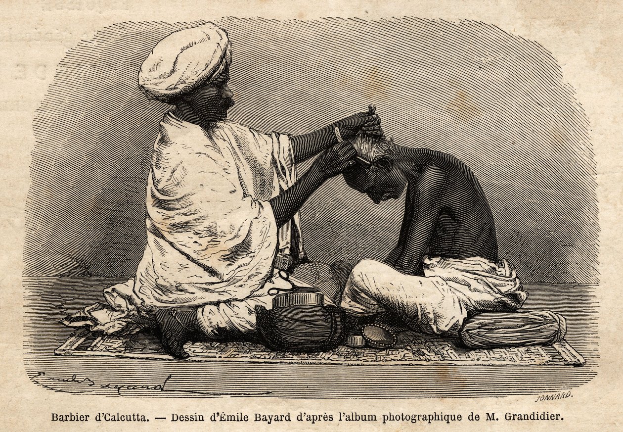 A barber working in the streets of Calcutta. Engraving to illustrate the voyage in the meridional provinces of India, by Alfred Grandidier, in 1862-1864, published in 