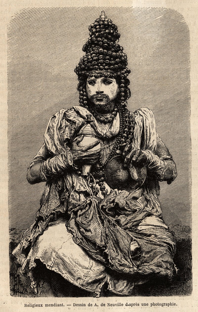 A beggar religious. Engraving to illustrate the voyage in the meridional provinces of India, by Alfred Grandidier, in 1862-1864, published in le tour du monde, under the direction of D