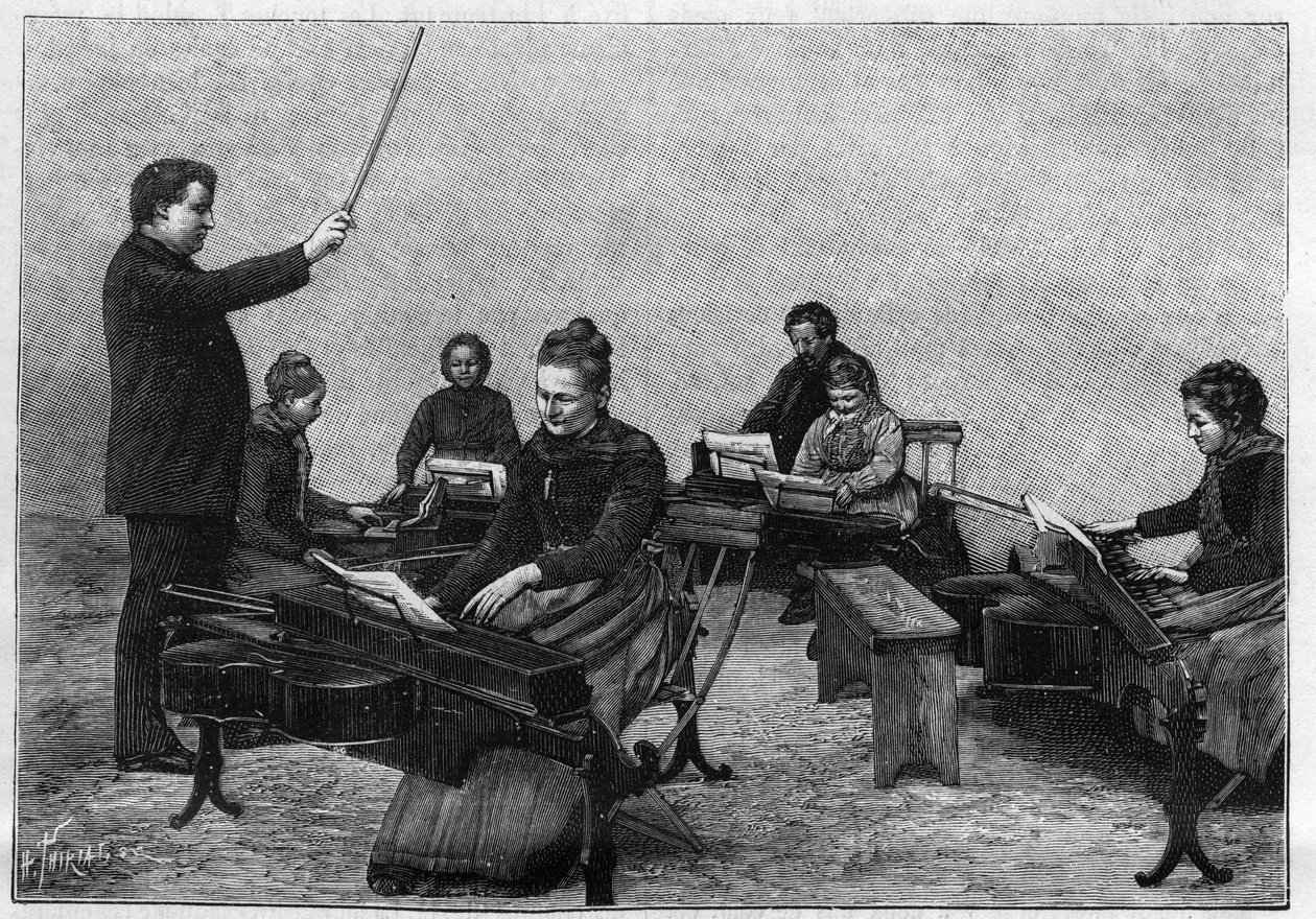 A concert of monocords performed by young girls. Engraving in 