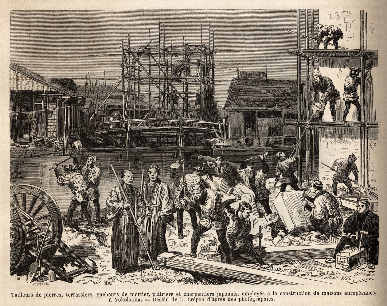 A construction site for a European house in Edo (Tokyo) with stone cutters, terrassiers, mortar gacheers, platriers and carpenters employed there. Engraving to illustrate the voyage to Japan by Unknown artist