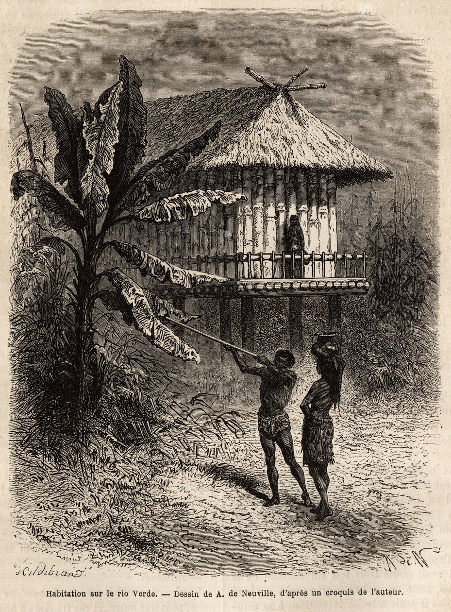 A couple of Indians from Rio Verde (Brazil) the man with his sarbacan, in front of a typical house on stilts. Engraving to illustrate the voyage to New Granada, by Dr. Saffray, in 1869, published in 