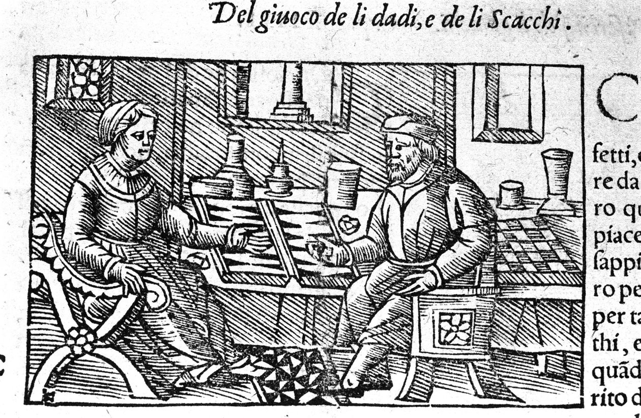 A couple playing dice. Engraving after Historia de gentis septemtrionalis by Olaus Magnus, Rome 1560. by Unknown artist