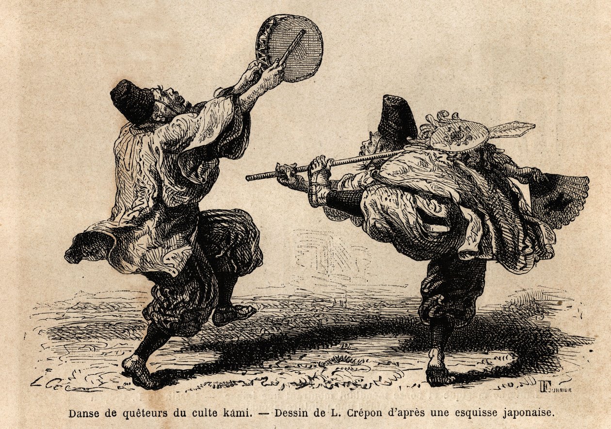 A dance of the confery of the Kami cult, with recitation of litanies and unexpected choreographic figures. Engraving to illustrate the journey to Japan, by Aime Humbert, minister of the Swiss Confederation, in 1863-1864, published in 