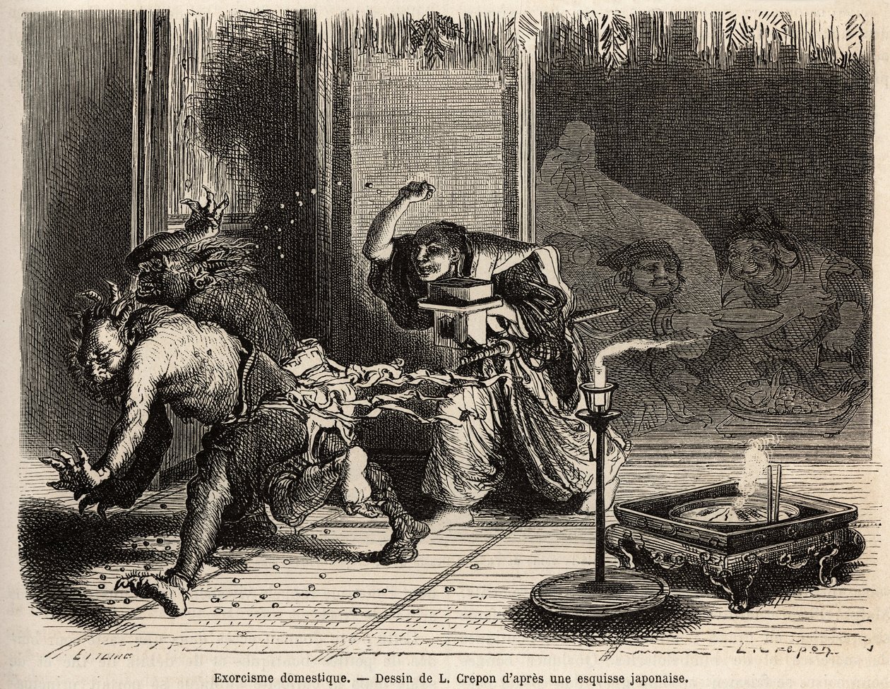 A domestic exorcism, ceremony of the oni arahi, the head of the house dressed in his finest clothes, sword on the belt, walks at midnight the pieces of his house and throws roasted beans to drive out demons and attract the god of wealth and his companion by Unknown artist
