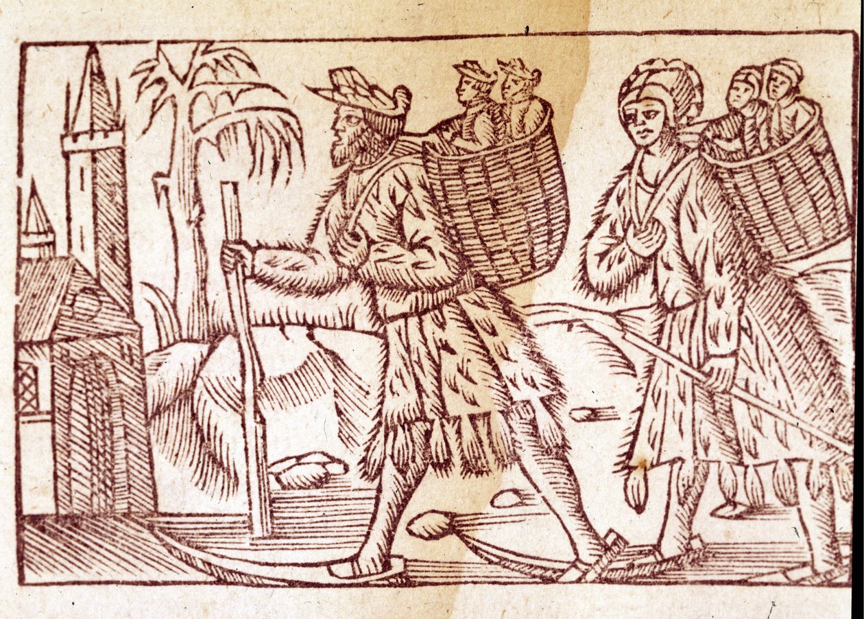A family of Norwegians travelling on skis. Engraving by Olaus Magnus (1490 - 1557), Swedish religious and geographer, “Historia de Gentis Septentrionalibus”, Venice by Unknown artist