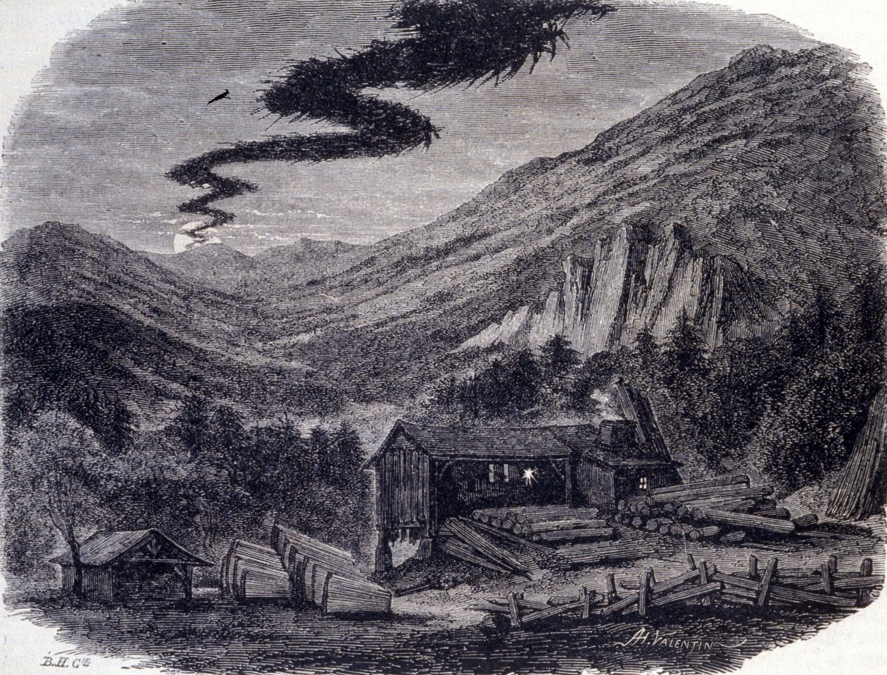 A fantastic hunt or Mesnie in the Vosges, a nocturnal tempest that according to popular legends manifests itself after a curse or a sabbath of witches. Engraving of the 19th century by Unknown artist