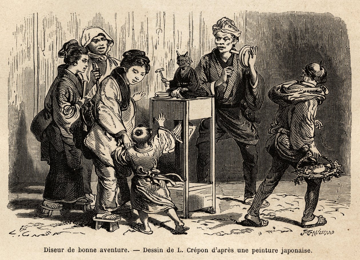 A fortune teller in the streets of Edo (now Tokyo). Engraving to illustrate the journey to Japan, by Aime Humbert, minister of the Swiss Confederation, in 1863-1864, published in 