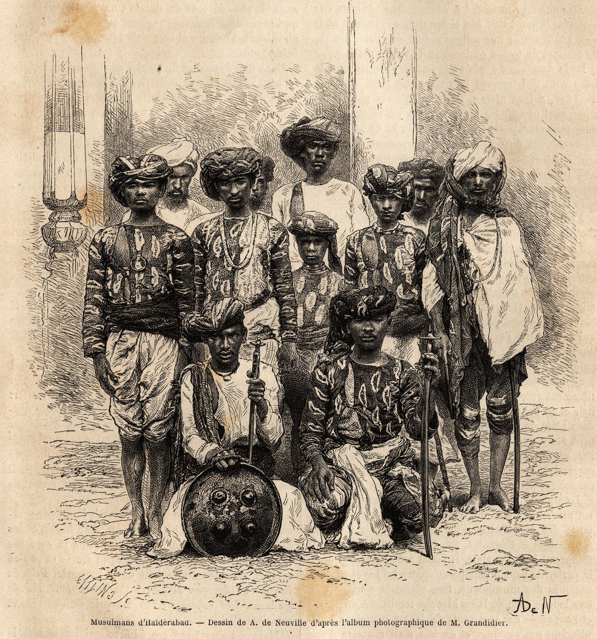 A Group of Muslim Men in Haiderabad, Pakistan. Engraving to Illustrate the Voyage in the Meridional Provinces of India, by Alfred Grandidier, 1862-1864, Published in 