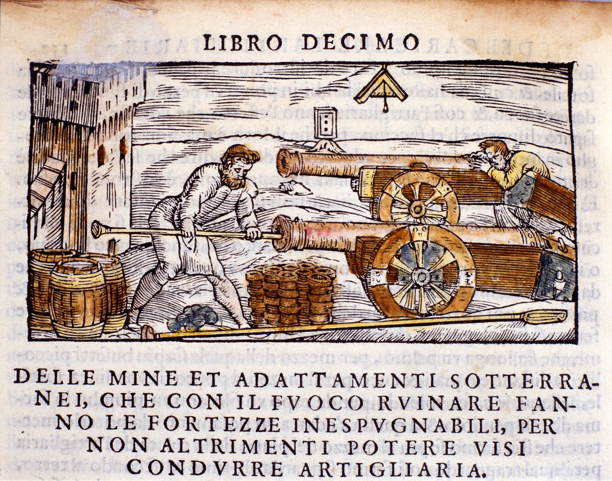 A gunner loading a gun with explosives. Engraving from the metallurgy book 