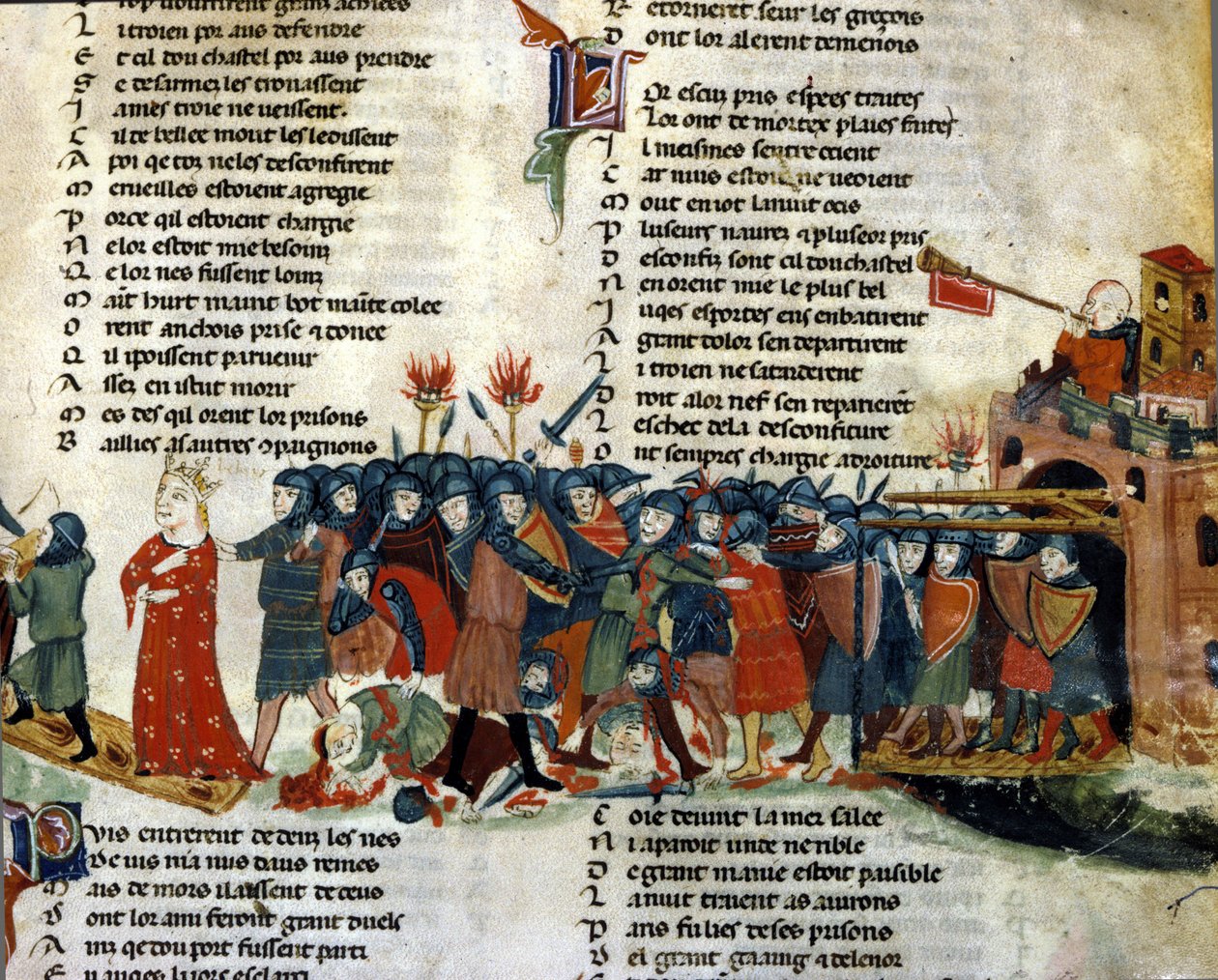 A king is taken prisoner and taken away by the enemy army while the victims of the battle lie on the ground. Miniature of the 