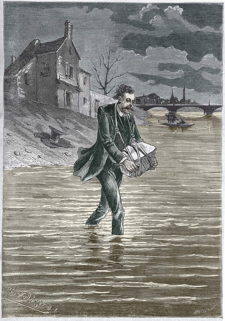 A man who kills himself by throwing himself into the water, a stone around his neck, to drown himself - engraving by Unknown artist