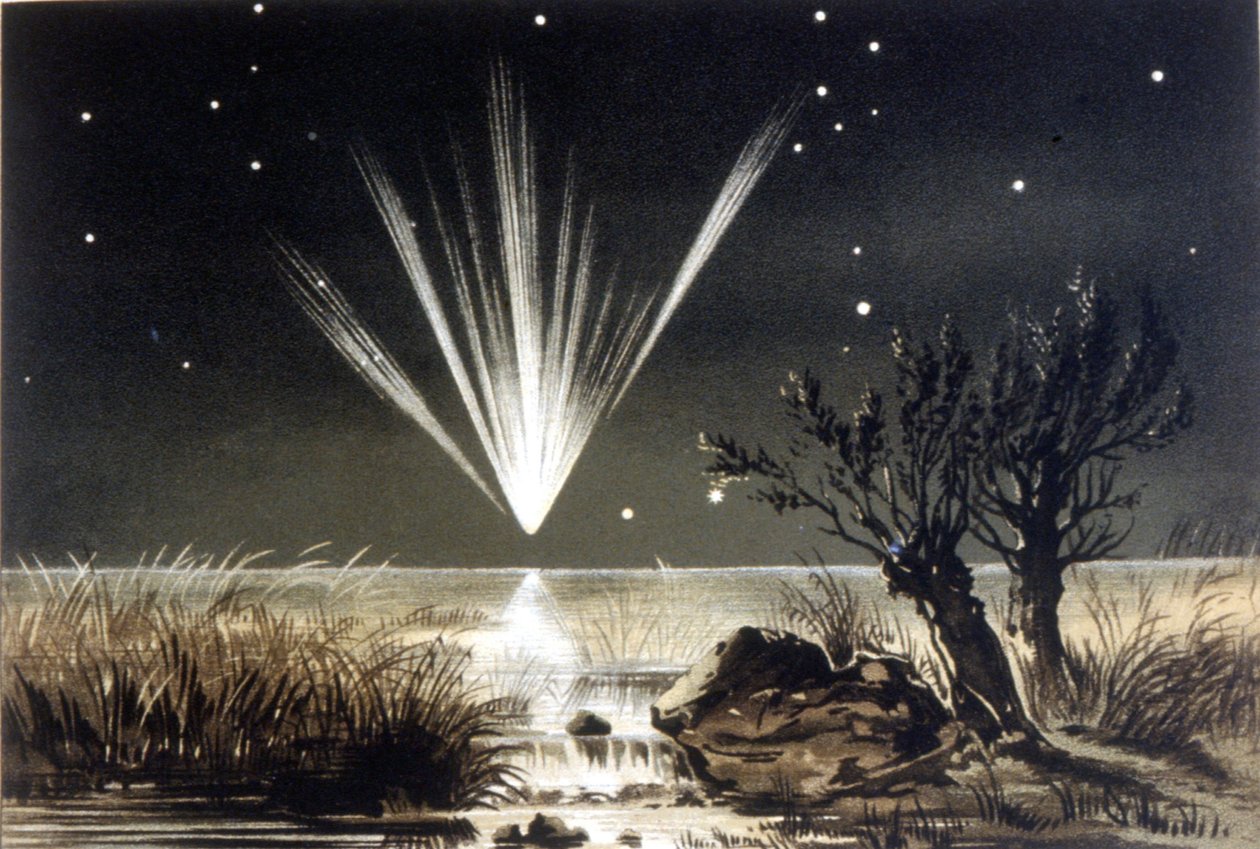 A meteorite falling into the sea. Colour lithograph from the end of the 19th century by Unknown artist