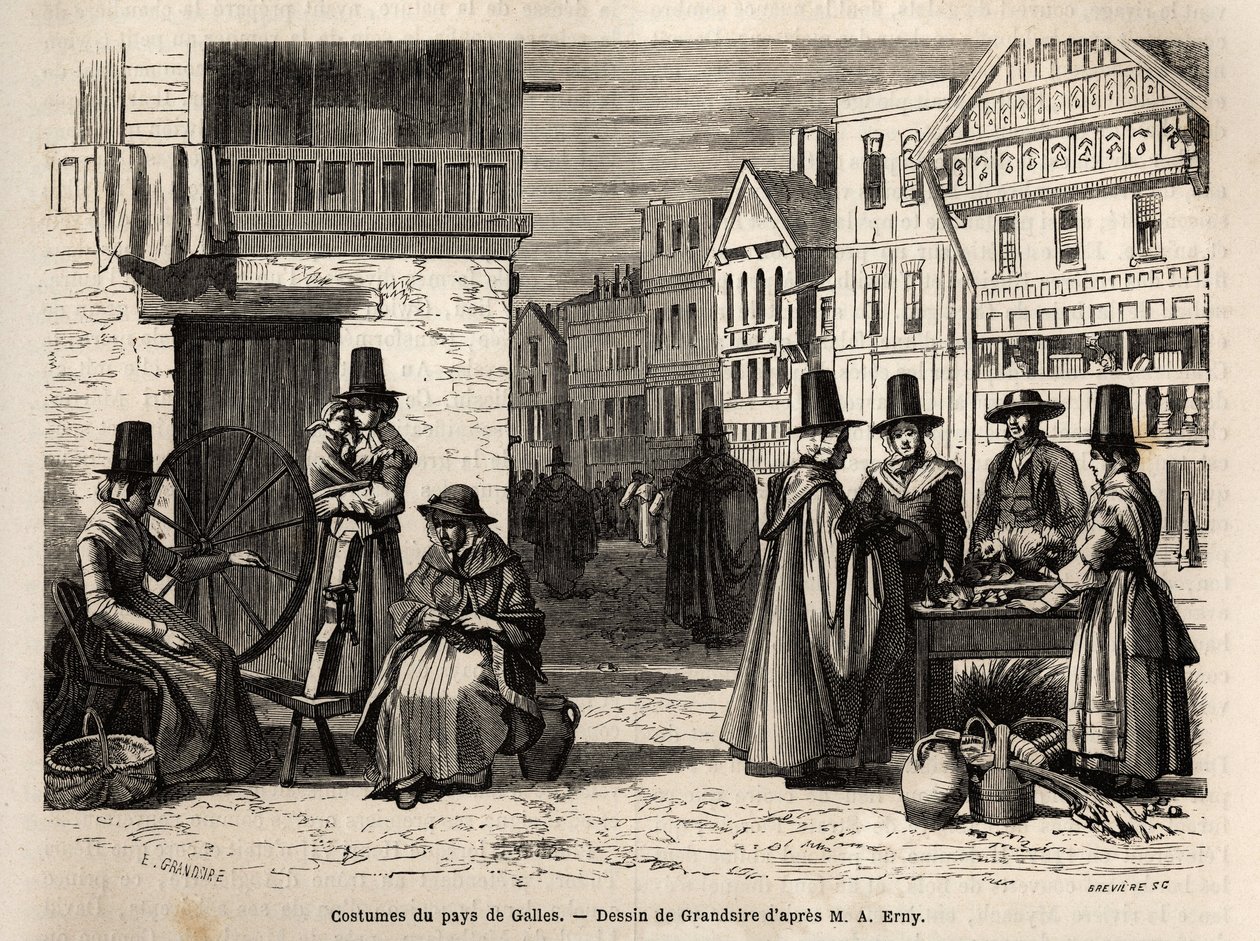 A street in Wales, with locals dressed in traditional costumes, and everyday activities: a first-hand family and women spinning wool with wheels. Engraving to illustrate a voyage in Wales, in 1862, by Alfred Erny, in 