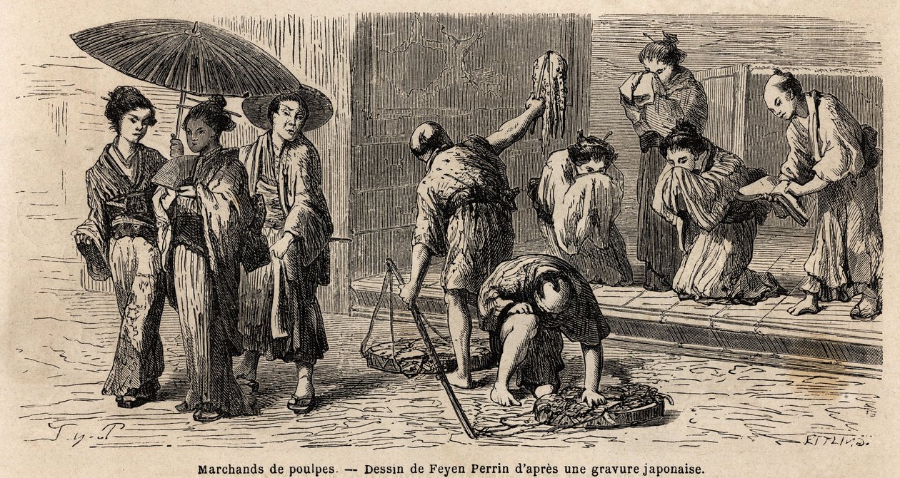 A traveling octopus dealer offers his products to passers-by, on Edo Street (or Yedo Street, now Tokyo). Engraving to illustrate the voyage to Japan, in 1863-1864, by Aime Humbert, minister of the Swiss Confederation, in Le tour du monde, nouveau journal by Unknown artist
