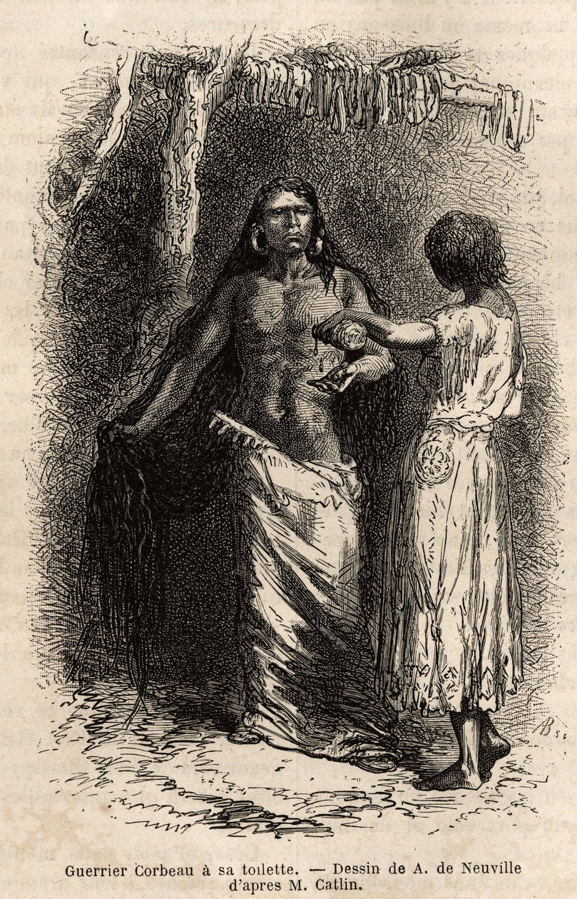 A Warrior of the Crow Indian Tribe (Crows), Living Along the Lewis River, Doing His Toilet. Engraving to Illustrate an Excursion Among the Indian Tribes of the Basins of Colombia and Upper Missouri, by G. Catlin, in 1855, Published in le tour du monde by Unknown artist