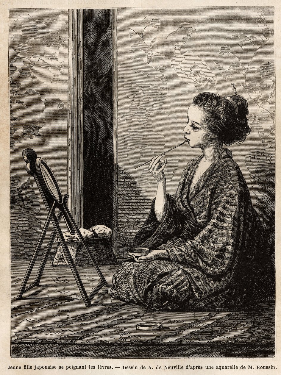 A young girl from Yedo (or Edo, present-day Tokyo), painting her lips in front of her mirror, has her dimensions the lacquer box containing her necessities: combs, brushes and hairpins, toothpowder, rice powder and other cosmetics. Engraving to illustrate by Unknown artist