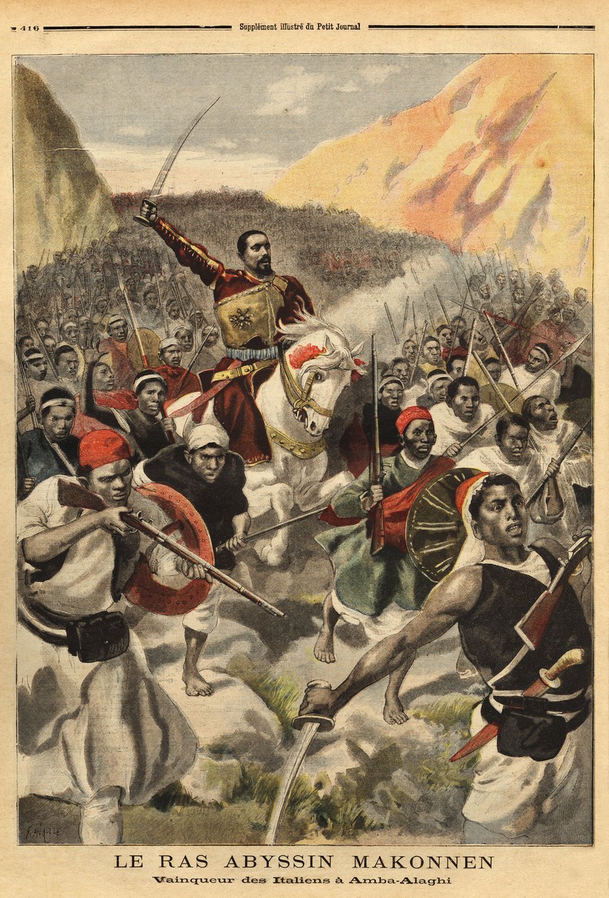 Abyssinian ras Ras Makonnen (Mekonnen Welde Mikael) (Abba Qagnew) (1852-1906), warlord and right arm of Emperor Menelik II (1844-1913), with his troops, winner of Amba Alaghi, of the Italian army commanded by Major Toselli by Unknown artist
