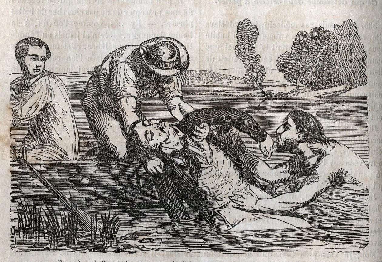 Accident medicine - on the most effective relief to be given to the drowned people - to remove a drowning man from the water, you have to do it as conveniently as possible - engraving in La Sante Universelle - Guide Medical des Families 1852 by Unknown artist