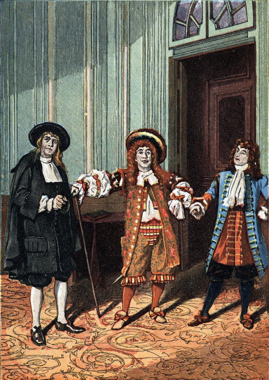 Act II of Le Bourgeois Gentilhomme comedy-ballet in five acts in prose by Moliere. The master philosopher (Mr. Lenoir), the master of dance (Mr. Truffier), Mr. Jourdain (Mr. Coquelin younger). Around 1890. by Unknown artist