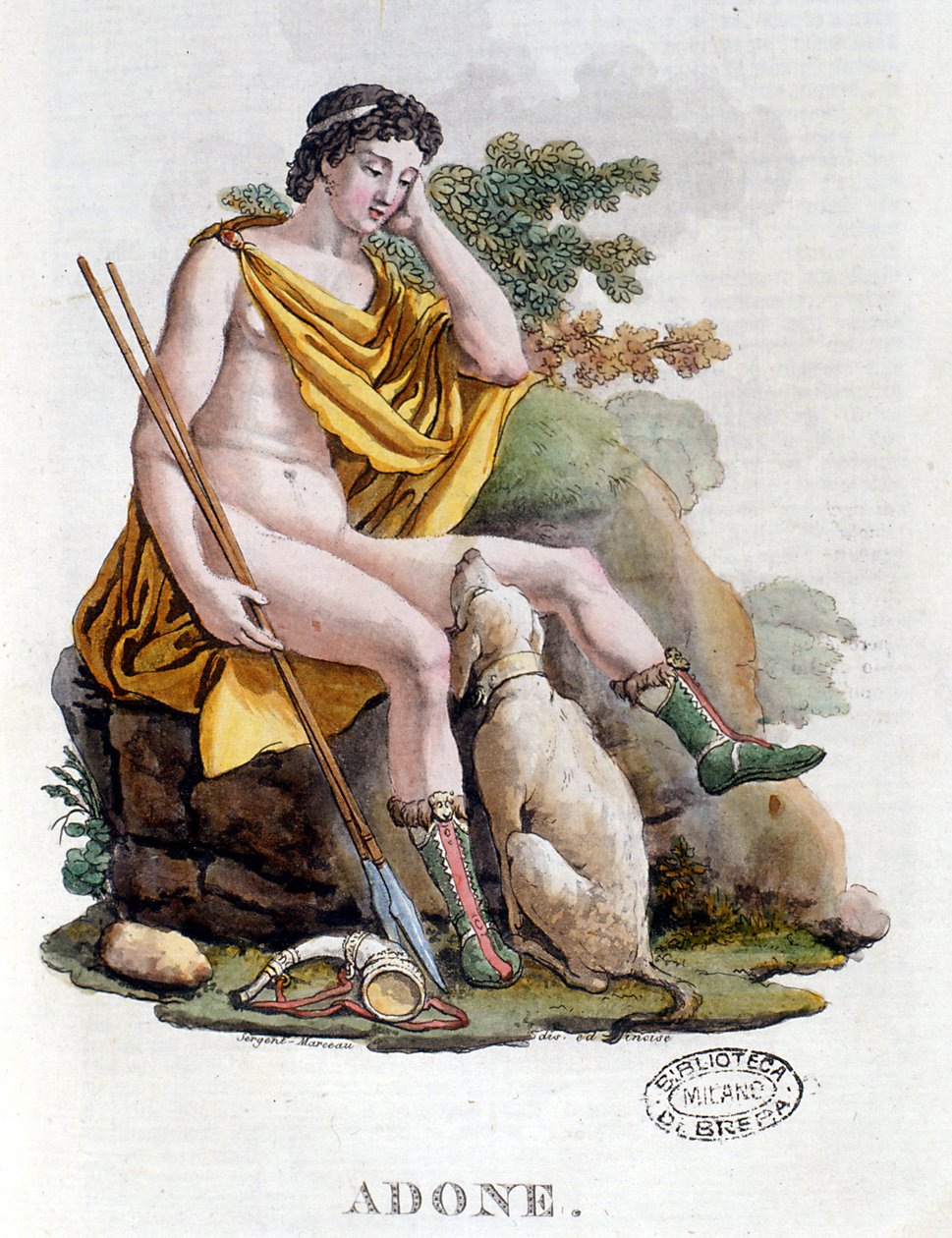 Adonis. Greek God of Phoenician origin. 19th century engraving. Biblioteca nazionale Braidense. Milan by Unknown artist