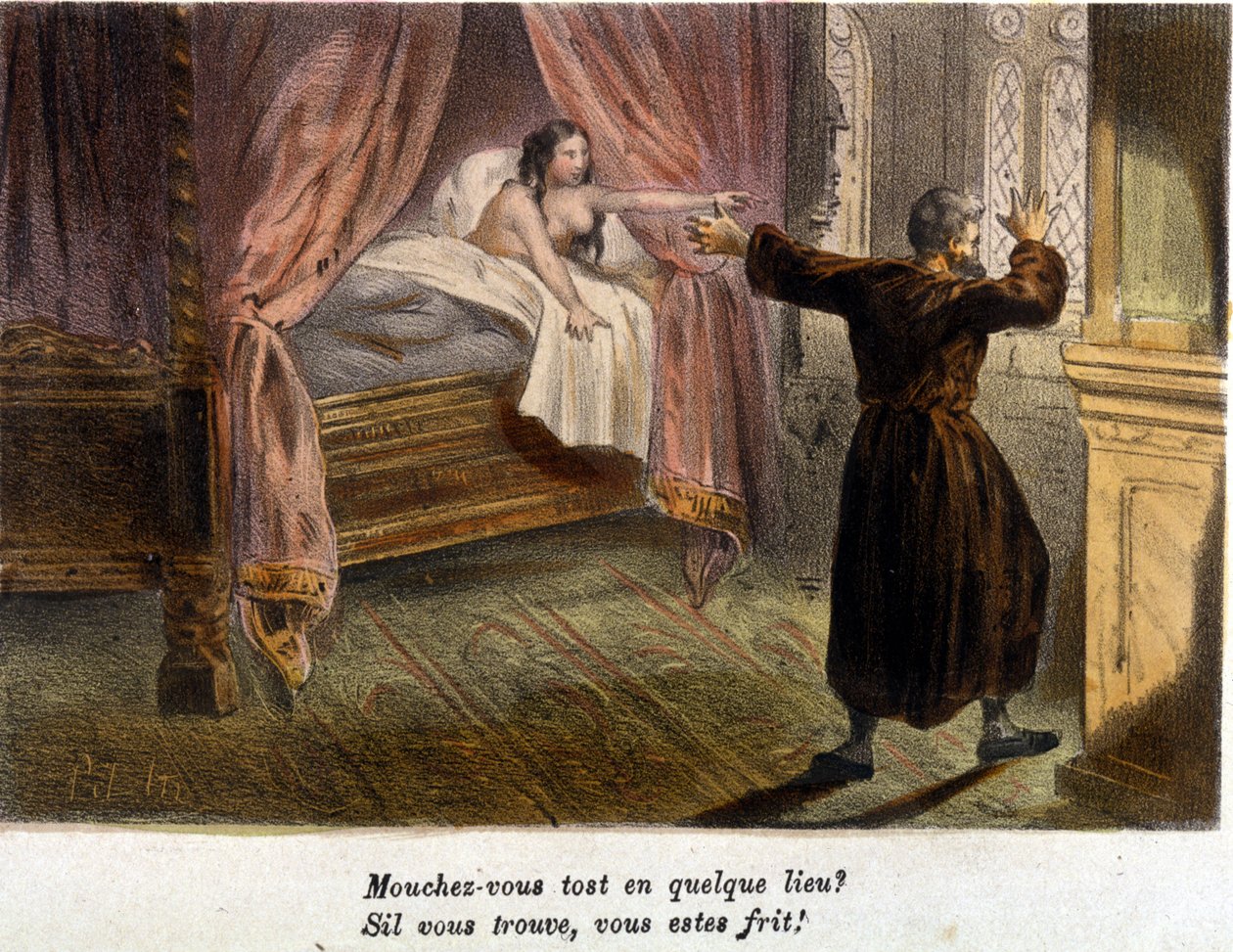 Adultery: a surprised monk trying to hide and a naked woman in bed. Lithograph, early 19th century by Unknown artist