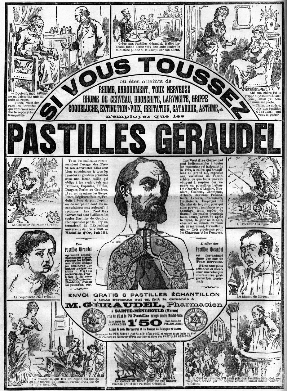 Advertising for Geraudel tablets by pharmacist Arthur Geraudel against cough. Engraving in 