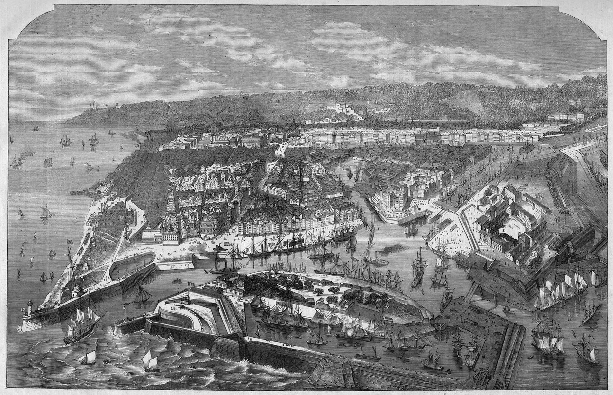 Aerial view of the port and the city of Le Havre, Seine-Maritime, Normandy, France. Engraving in L