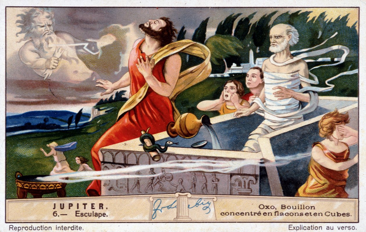 Aesculapius Dies, Blasted by Jupiter, for Resurrecting the Dead - Oxo Chromolithography, Produced by Liebig by Unknown artist