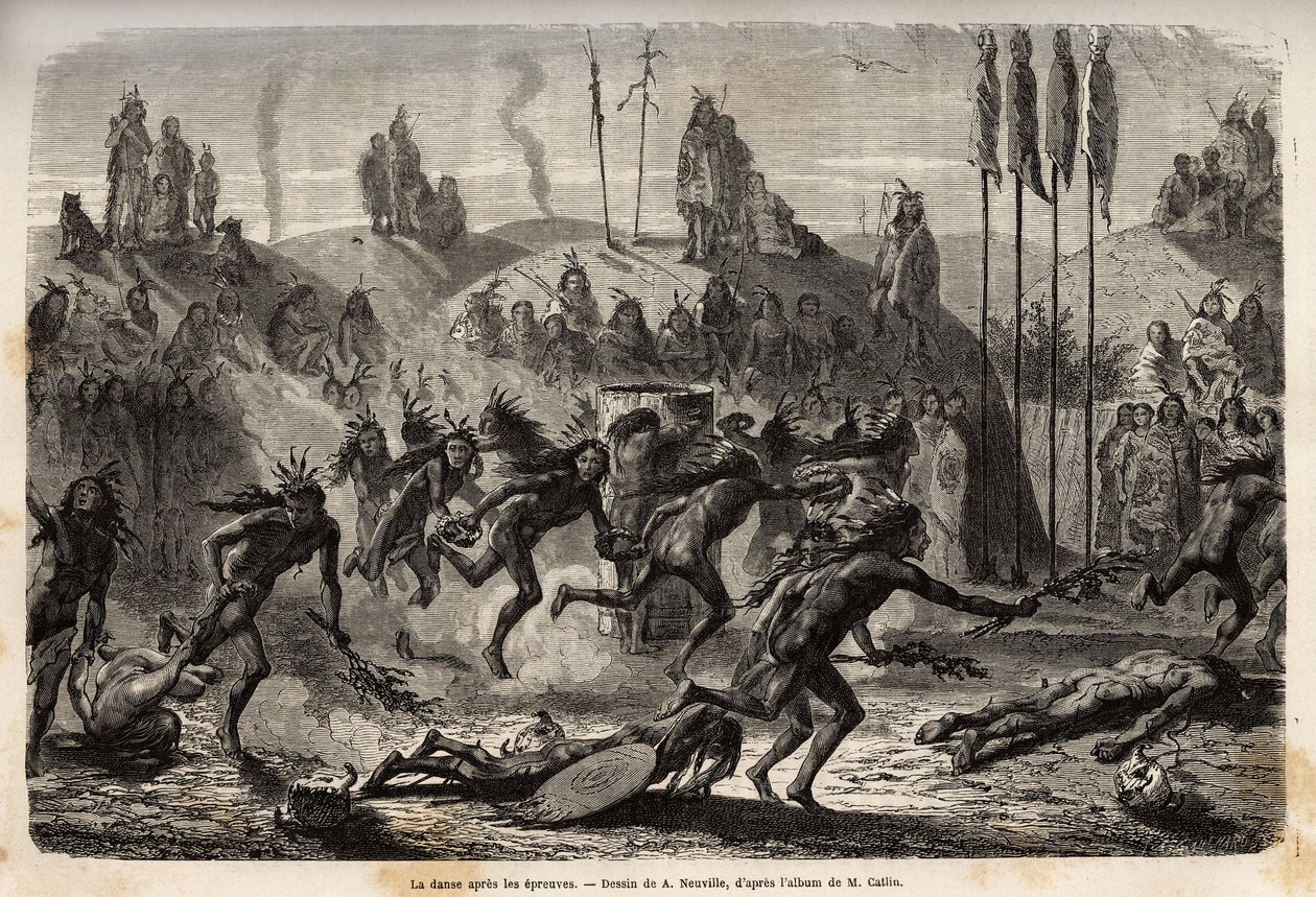 After the ceremony of self-giving to the Great Spirit, the young warriors embrace a frenetic and outflow dance, the weakest are trailing on the ground, among the Mandans Indians (or noumah ka kie: pheasants), on the left bank of Missouri. Engraving to illu by Unknown artist