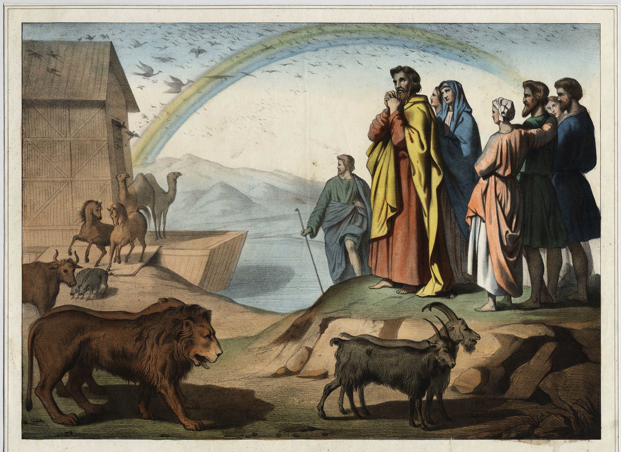 After the flood, the animals descend from the ark. On the right: Noah, his wife, his three sons (Shem, Sham and Japhet) and their wives. At the bottom, the rainbow (symbol of the order of creation concluded between Noah and God). Anonymous engraving from t by Unknown artist