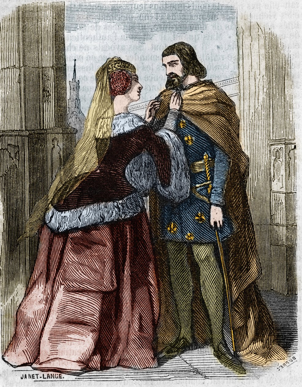 Agnes Sorel 1422 1450 Lady of Beaute sur Marne and King of France Charles VII in the Abbey of Jumieges. Engraving of the 19th century