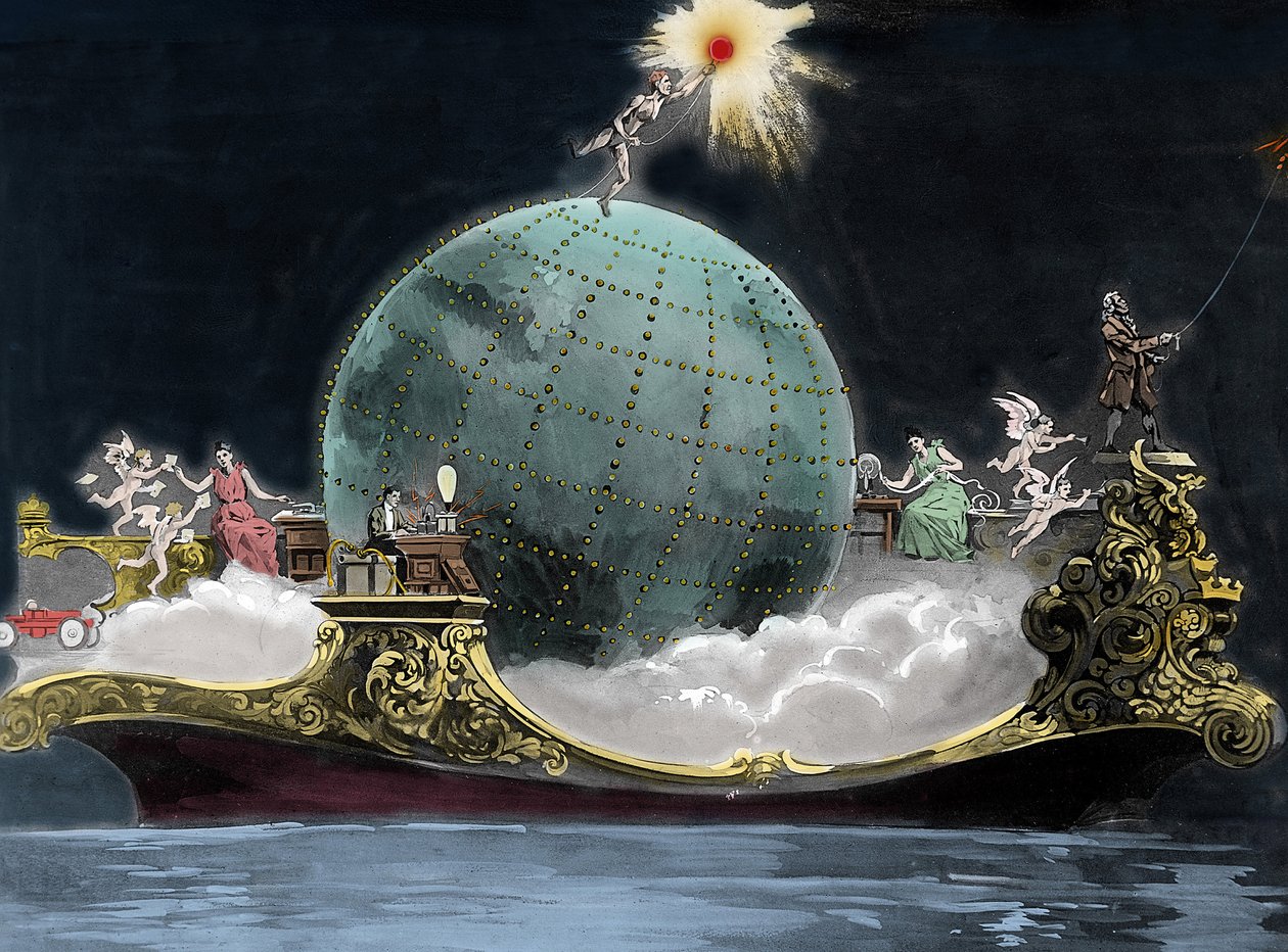 Allegory about the progress of science and technology related to electricity: around the globe are represented the Italian physicist Guglielmo Marconi (1874-1937), inventor of the telegraph, a woman on a wireless telegraphy station and on the left Benjamin by Unknown artist