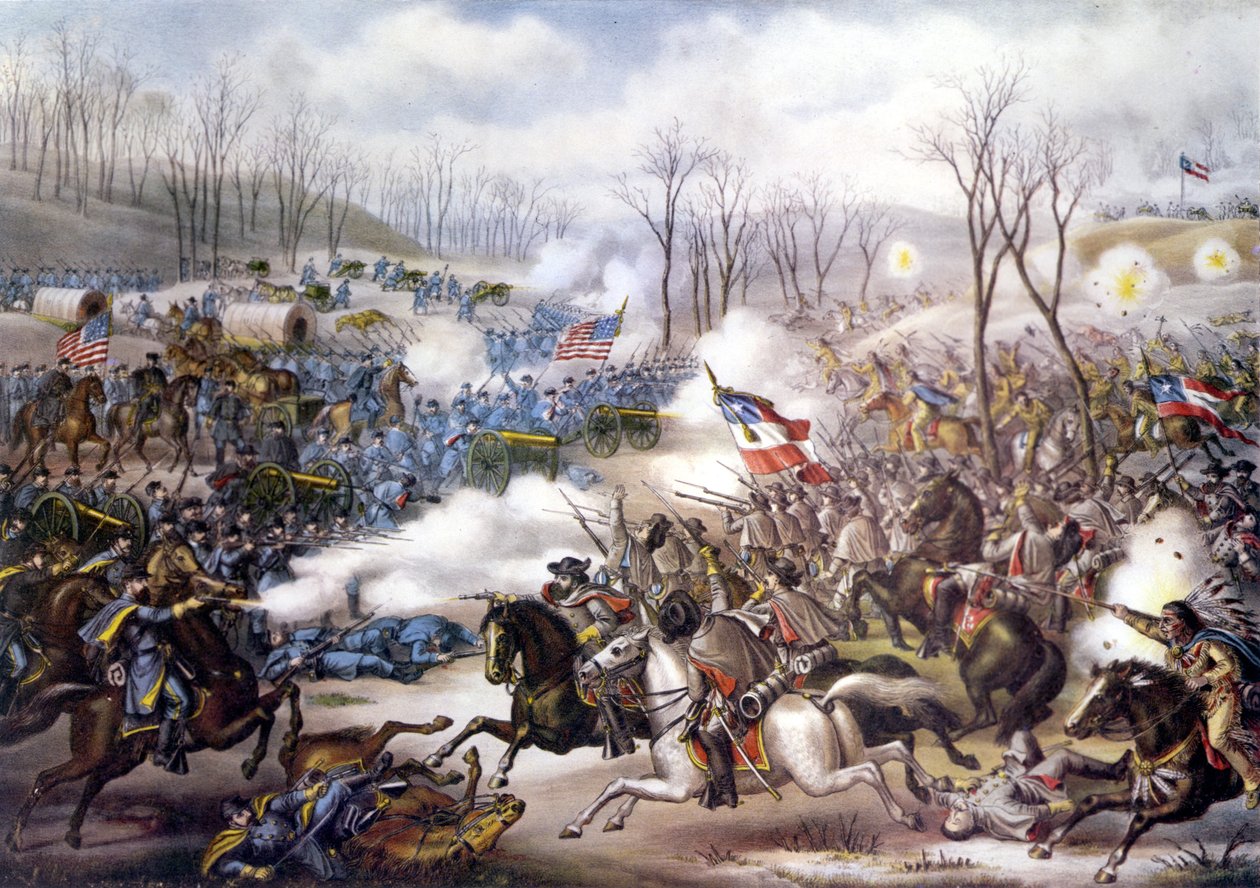 American Civil War (1861-1865): Battle of Pea Ridge or Elkhorn Tavern (Arkansas) 06-08 March 1862. Engraving of the 19th century by Unknown artist