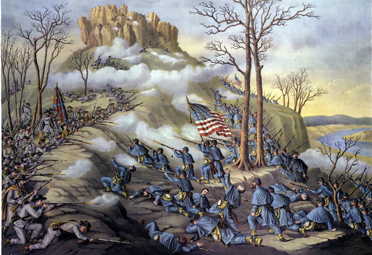 American Secession War or Civil War (1861 - 1865): 23/11/1863, Battle of Lookout Mountain in Tennessee, an assault known today as the battle over the clouds because of the fog that allowed federal troops to advance faster. Engraving of the 19th century by Unknown artist