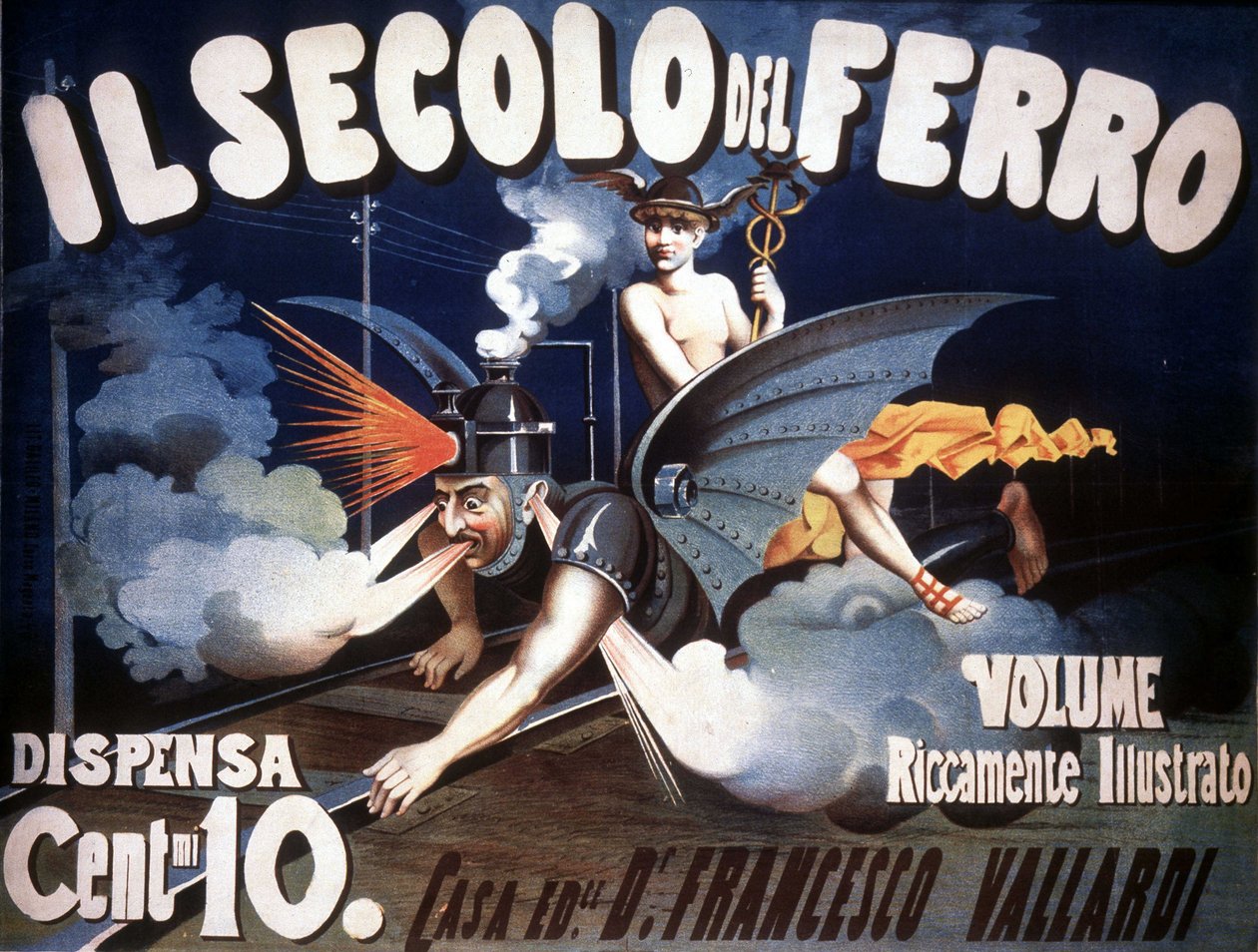 An allegorical representation of a half-train, half-dragon machine with a human face symbolizing progress. 