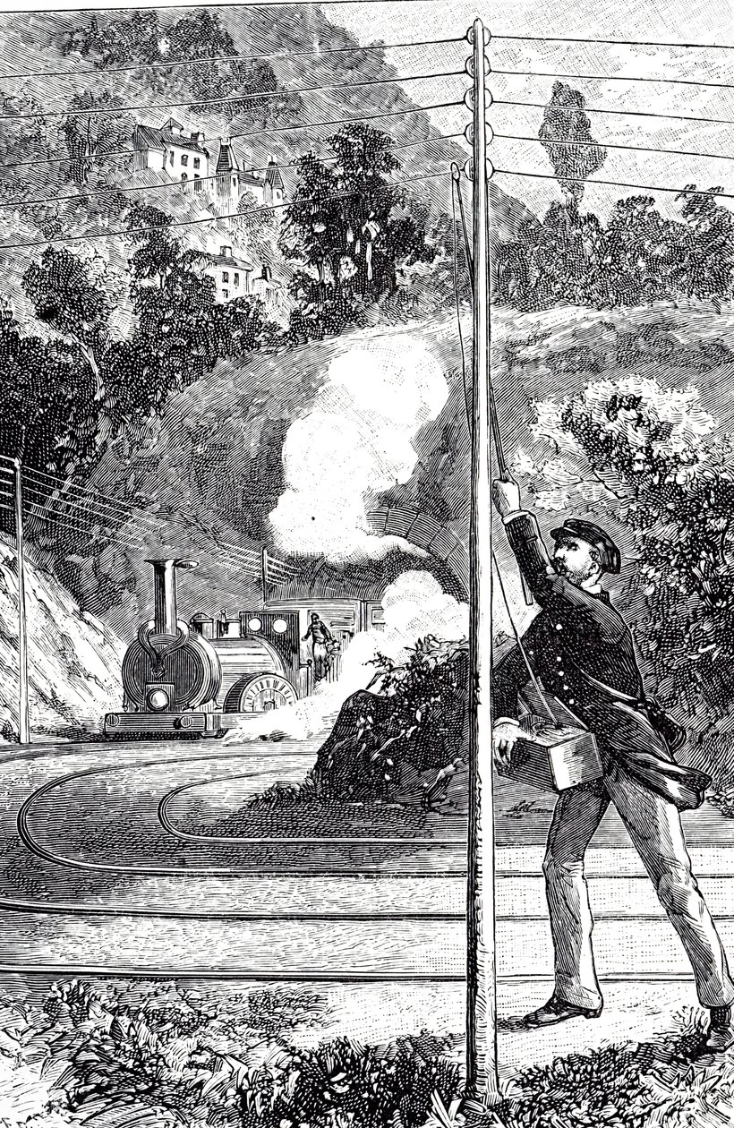An engraving depicting a train worker sending an emergency signal on a railway telegraph by Unknown artist
