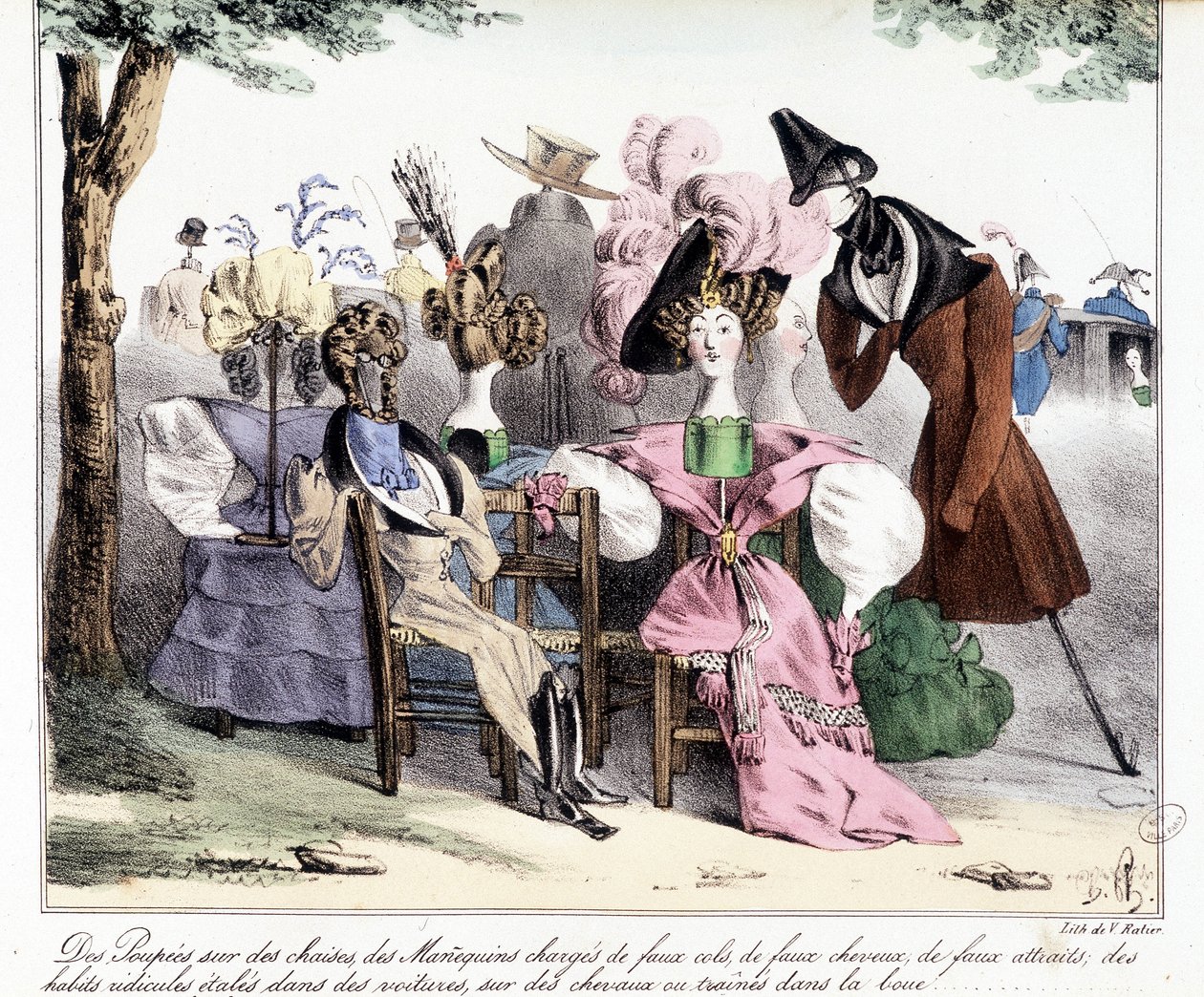 An ironic description of the 19th century bourgeois fashion: “Dolls on chairs, models loaded with fake collars, fake horses, fake attractions; ridiculous clothes spread out in cars, on horses or dragged in mud.” In “La silhouette”, satirical journal by Unknown artist
