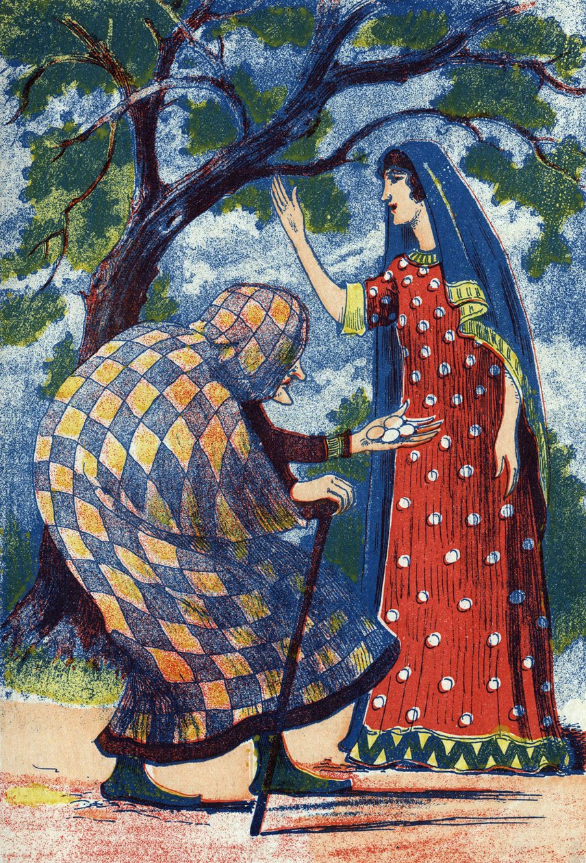 An old lady gives four eggs to Florine. Illustration for the tale 