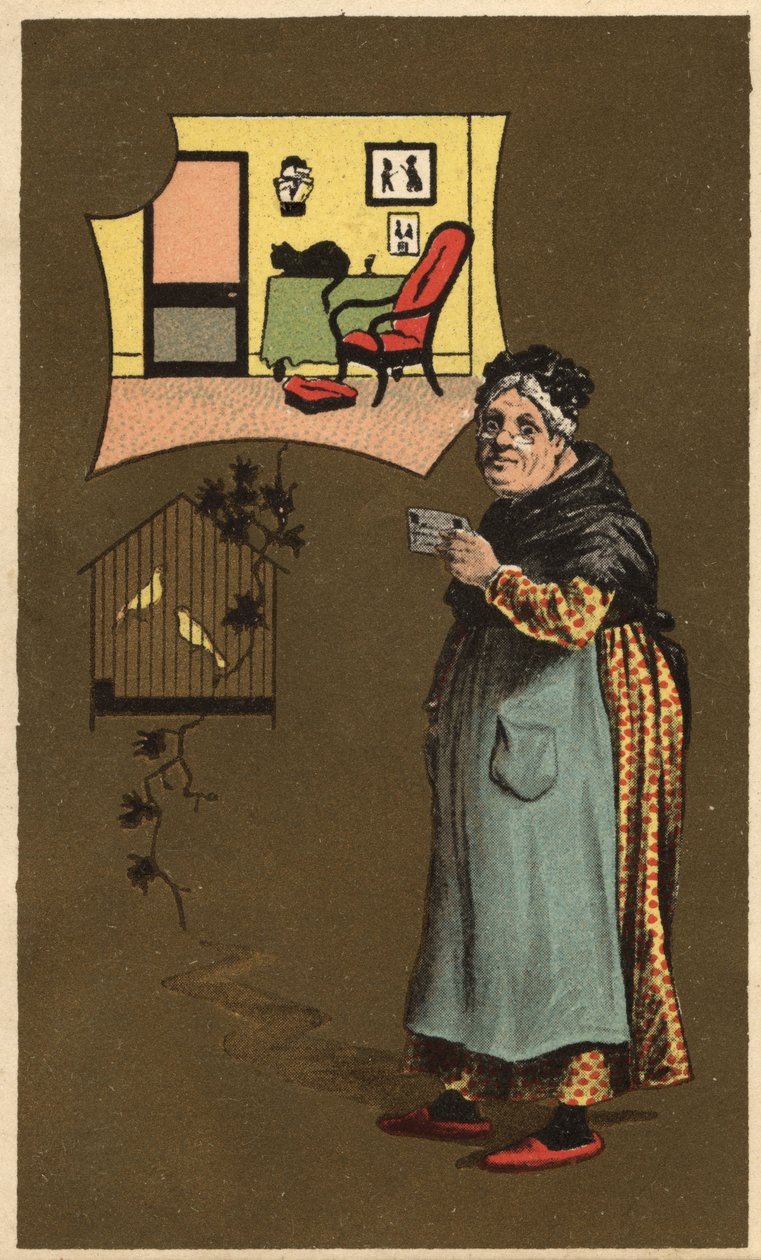 An old woman holding a cup near a cage with birds by Unknown artist