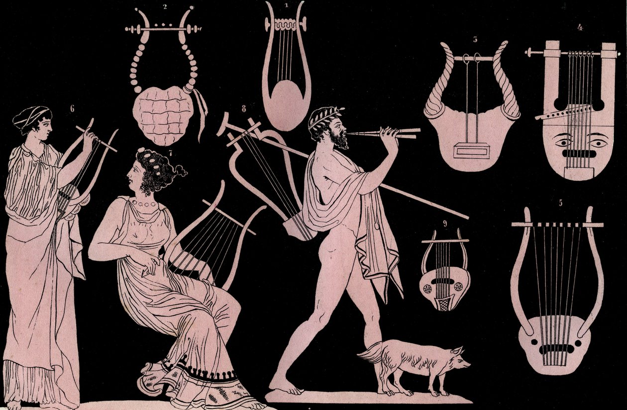 Ancient Greek Musical Instruments: Lyre and Cithara - engraving from 