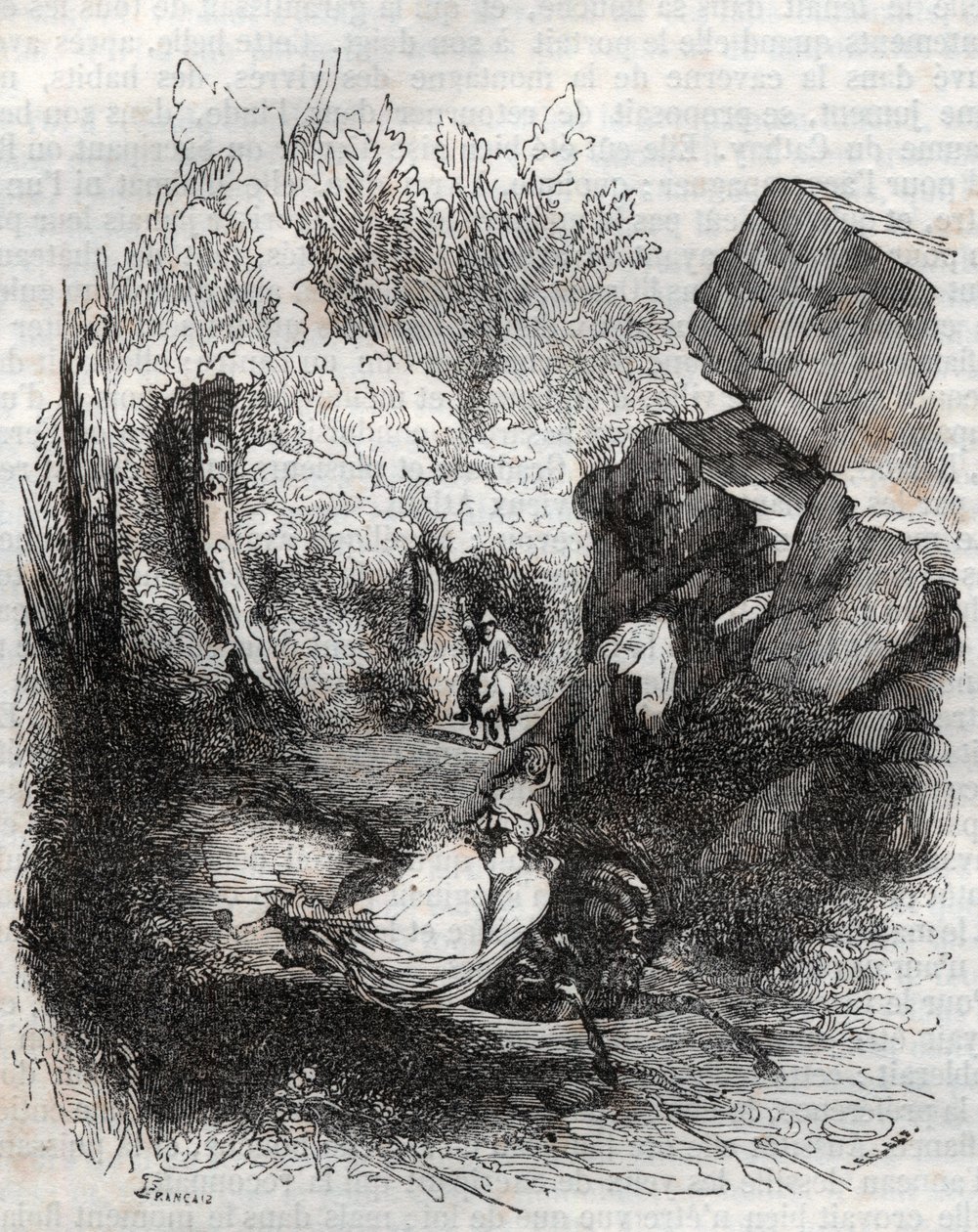 Angelique (Angelica) fleeing the old hermit - engraving of 1851 from Furious Roland (Orlando furioso) (16th century) by Ludovico Ariosto, known as the Ariosta - Edition translated from Italian by the Count of Tressan and published by Gustave Harvard 1 by Unknown artist