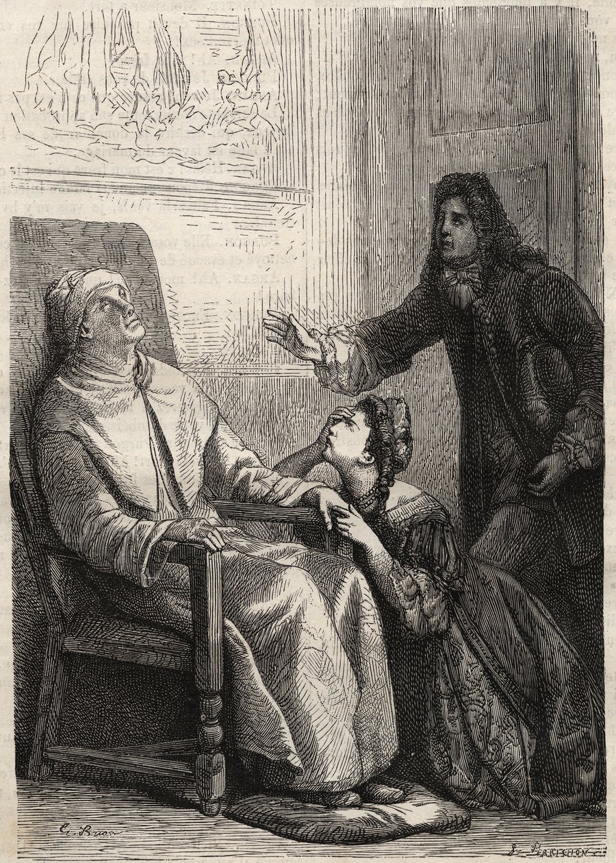 Angelique Kneels to Her Father Whom She Believes Dead - engraving for Jean Baptiste Poquelin dit Moliere (The Imaginary Invalid) by Unknown artist