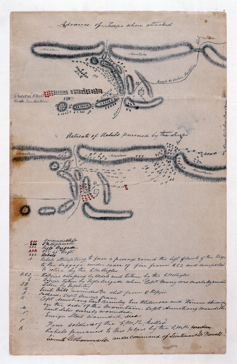 Annotated sketch map of the Battle of Boomplaats, 29 August 1848 by Unknown artist